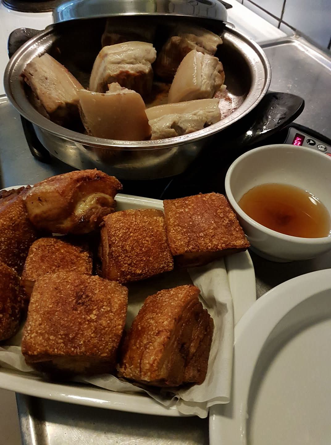 Crispy pork belly with dipping sauce, made in Saladmaster cookware