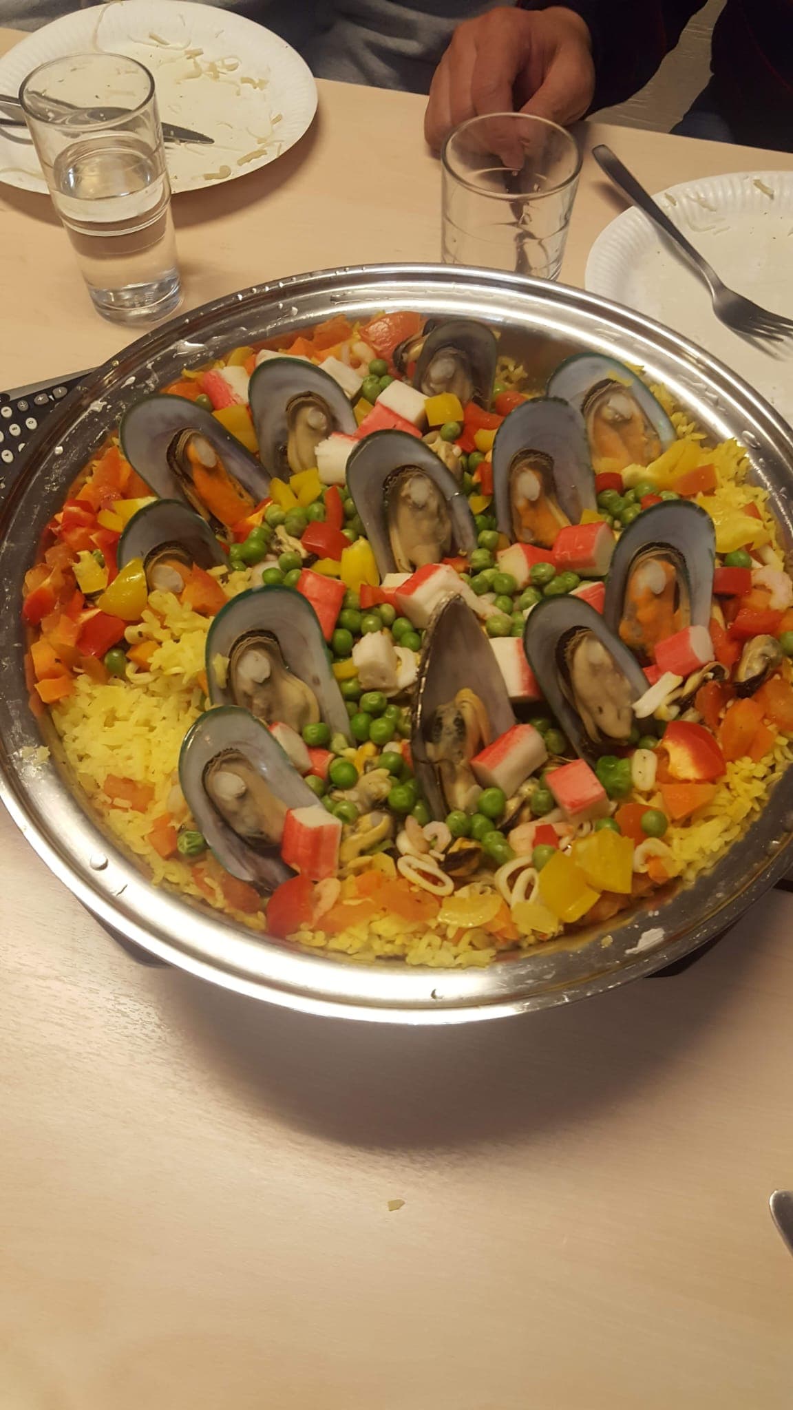 Seafood paella with mussels served straight from the pan