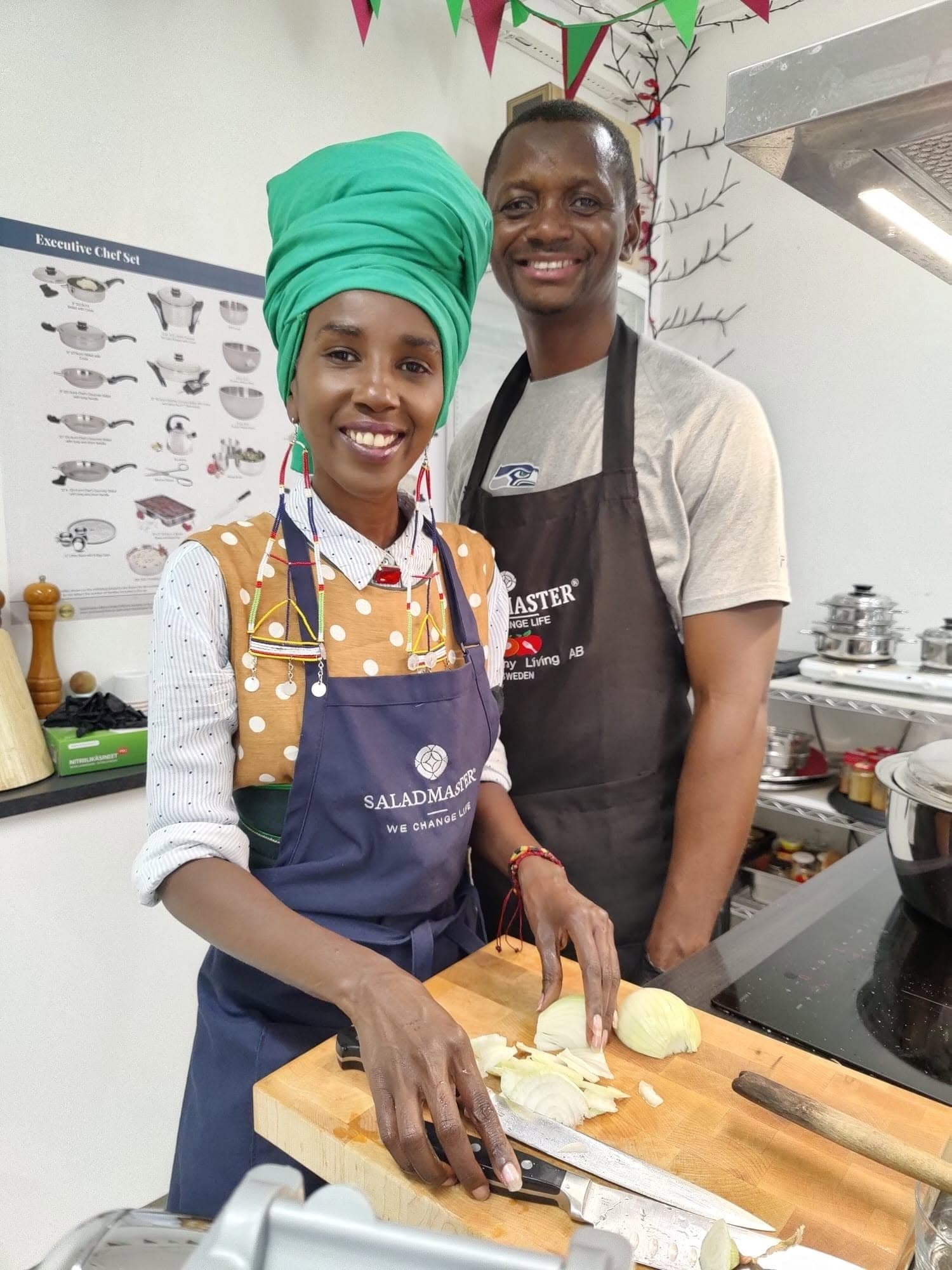 Guests preparing ingredients together at a cooking demo